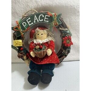 VTG  Handmade Doll Sitting on Wreath Christmas Collectible Decoration Holiday 8”